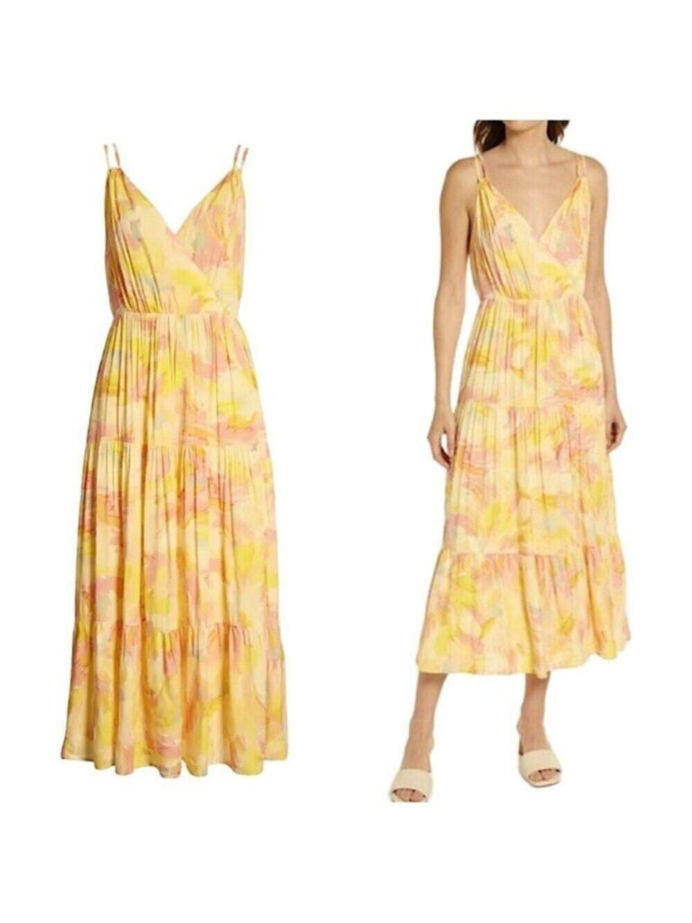 Adelyn Rae Floral Tiered Maxi Dress XL Yellow Pink Summer Vacation